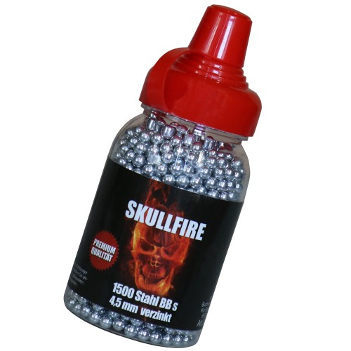 Preview: SKULLFIRE Stahlrundkugeln, verzinkt, Kaliber 4,5mm, 1500 BBs im praktischen Spender
